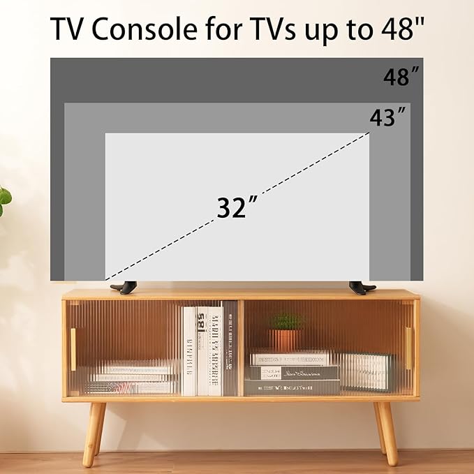 Bamboo TV Stand for TVs up to 50 Inches, Entertainment Center with 2 Sliding Acrylic Doors for Gaming Console, Modern Accent TV Console Cabinet for Living Room Bedroom (39.4)