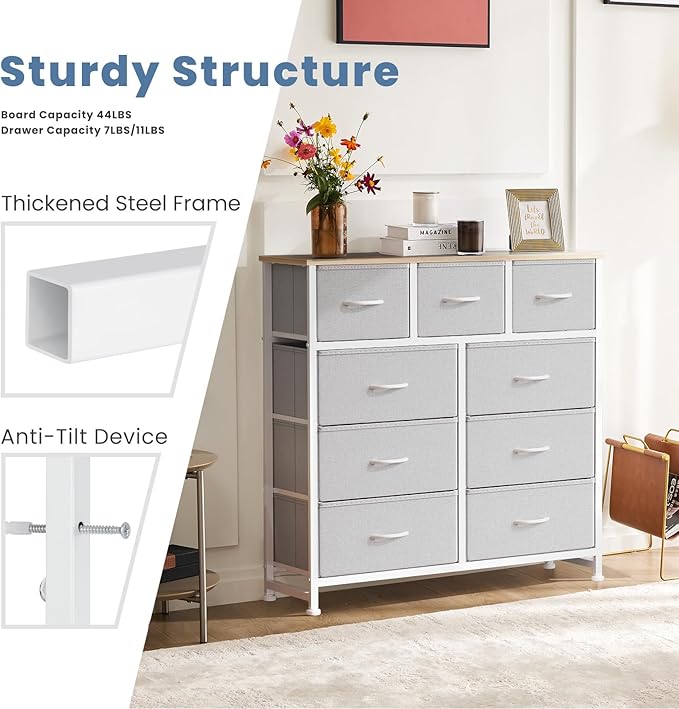 DUMOS 9 Drawer Dresser for Bedroom, Fabric Storage Organizer with Sturdy Metal Frame, Wooden Top Chest of Drawers for Closet Entryway Guest Room,Light Gray