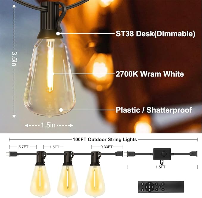 50FT Outdoor String Lights - 32+3 Bulbs (𝟏.𝟓𝐅𝐓 𝐁𝐮𝐥𝐛𝐬 𝐒𝐩𝐚𝐜𝐢𝐧𝐠) | Remote & Dimmer, 3 Light Modes & Timing, IP65 Waterproof, 50PC Mounting Ties for Patio/Outside/Commercial