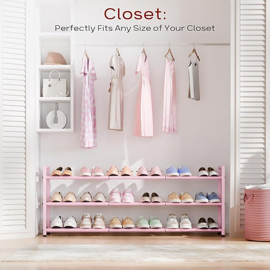 Bumusty 3-Tier Long Expandable Shoe Rack for Closet, 18"-44" Adjustable Shoe Rack for Entryway, 15-18 Pairs Large Shoe Organizer Shelf Storage, Sturdy Metal, Pink