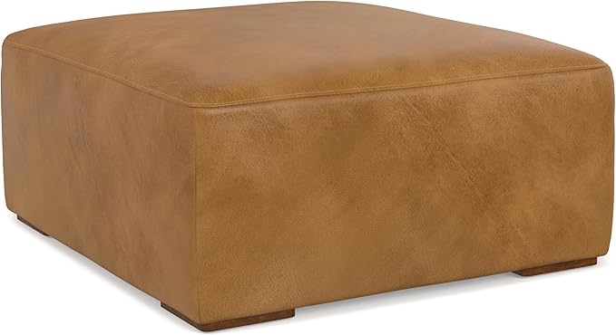 SIMPLIHOME Rex Ottoman - 34 inch Wide Upholstered Genuine Leather Square Ottoman in Sienna, Modern Bench for Living Room or Bedroom with High-Density Cushion, Assembled