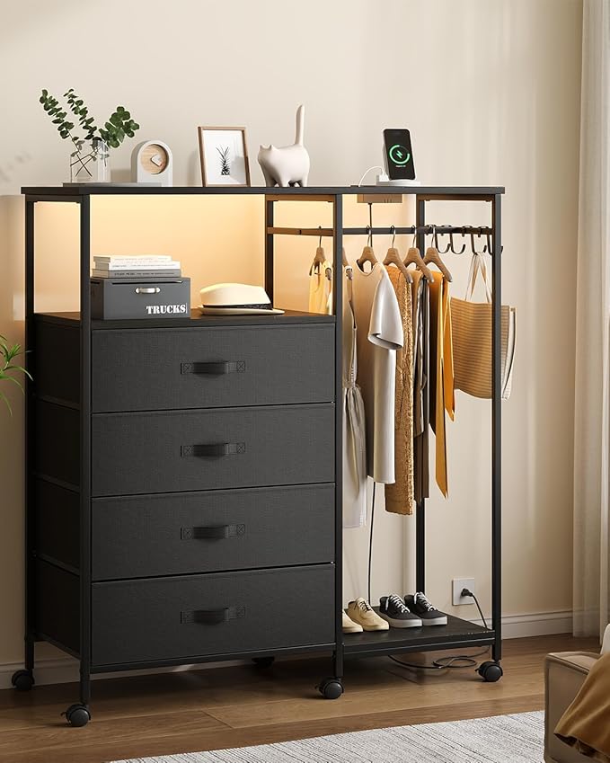 Dresser for Bedroom with Clothes Rack, 4 Drawers Dresser with Charging Station and LED Lights, Storage Chest of Drawers with Wheels, Wooden Top, for Closet, Living Room, Hallway, Black