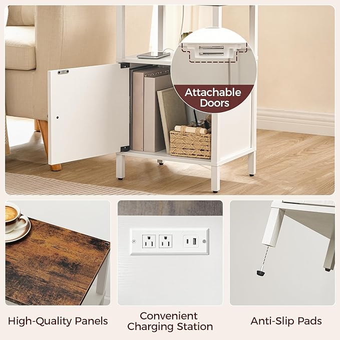 Farmhouse Nightstand with Charging Station, White Bedside Table with USB&Type-C Ports and Outlets, End Table with Storage, Night Stand for Bedroom, White and Rustic Brown ETRW96E01
