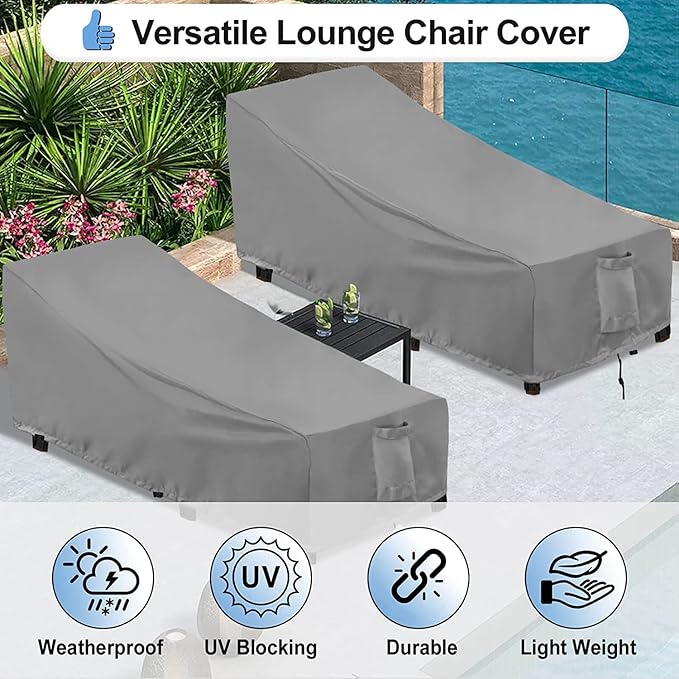 OutdoorLines Outdoor Waterproof Patio Chaise Lounge Chair Cover - UV Resistant Lounger Covers Heavy Duty Weatherproof Patio Sofa Furniture Covers, 2 Packs, 64Wx28Dx30H Inches, Gray