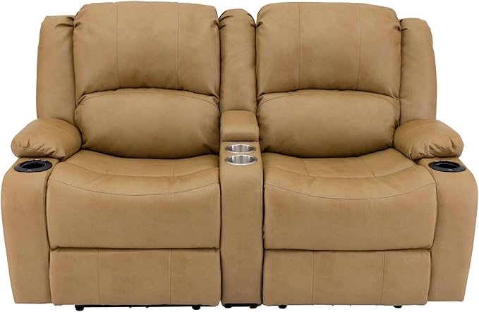 RecPro Charles 64" Powered Recliner RV Sofa with Console and Cupholders | Zero Wall Loveseat for Camper | Wall Hugger Couch with Upgraded 2023 Fabric (Toffee)