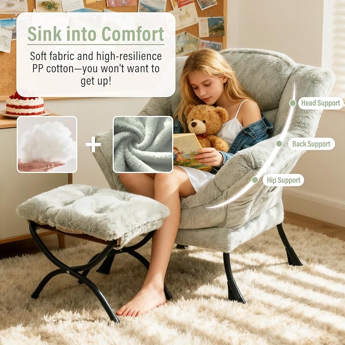 Lazy Chair with Ottoman, Modern Chair with Folding Footrest, Plush Green Accent Chair, Comfortable Reading Chair, Oversized Armchairs for Bedroom, Study, Living Room, Courtyard