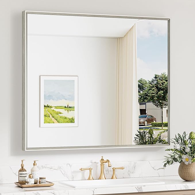 Keonjinn 42 x 36 Inch Brushed Nickel Bathroom Mirrors for Over Sink, Beveled Rectangle Framed Mirrors for Wall, Farmhouse Bathroom Vanity Mirror, Square Corner, Hangs Horizontally or Vertically