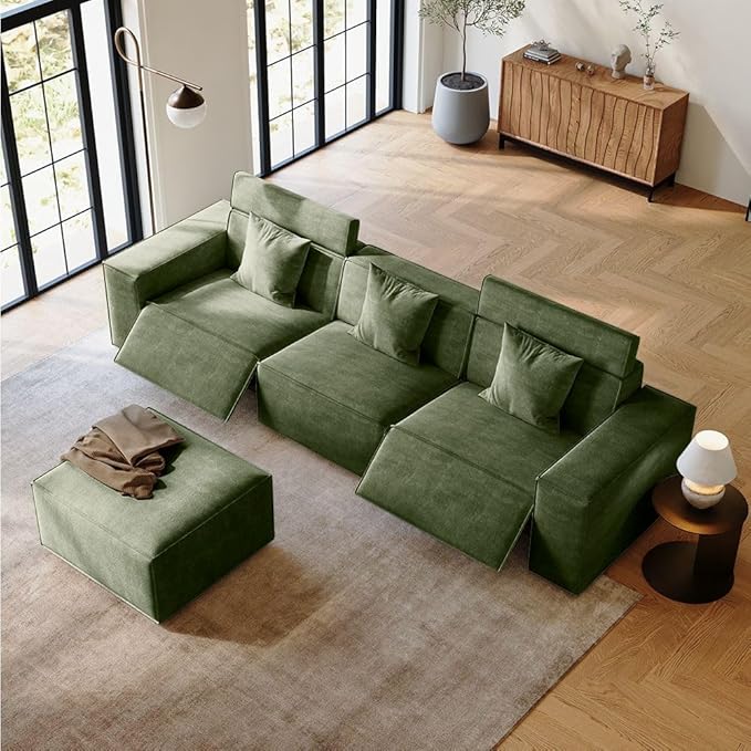 115" Power Sofa,Modular Sectional Couches for Living Room,Modern Large Sofa with Recliners,Comfy Velvet Cloud Couch with Deep Seat with 1 Ottoman,Pet Friendly,Free Combination for Home(Green)