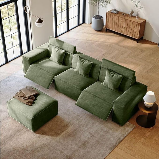 115" Power Sofa,Modular Sectional Couches for Living Room,Modern Large Sofa with Recliners,Comfy Velvet Cloud Couch with Deep Seat with 1 Ottoman,Pet Friendly,Free Combination for Home(Green)