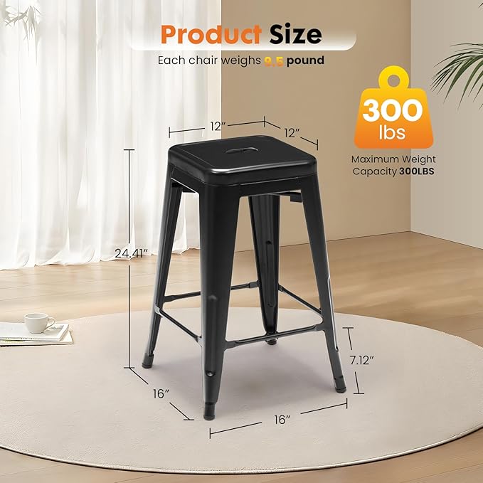 Sweetcrispy Metal Bar Stools Set of 4, 24 Inch Stackable Restaurant Classic Trattoria Metal Chairs, Backless Counter Height Barstool Chairs for Dining Room, Kitchen Island, Indoor Outdoor Use, Black