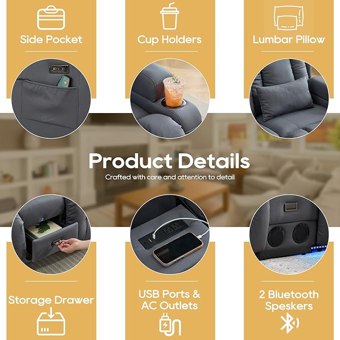IPKIG Power Recliner Sofa with Flip-Up Backrest Console, USB & USB-C Ports, AC Outlet, LED Lights, Wall Hugger Recliners for Living Room, RV (Light Blue, 67" - 3 Seat) | Leathaire Fabric, Zero Gravity, Dual Reclining, 2 Lumabr Pillow, Bluetooth Speakers
