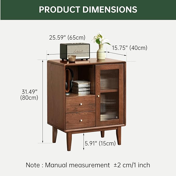100% Solid Wood Storage Cabinet with Glass Doors and Drawers, Buffet Cabinet with Drawers, for Living Room, Reading Room, Kitchen (15.74" D x 31.49" W x 31.49" H, Walnut)