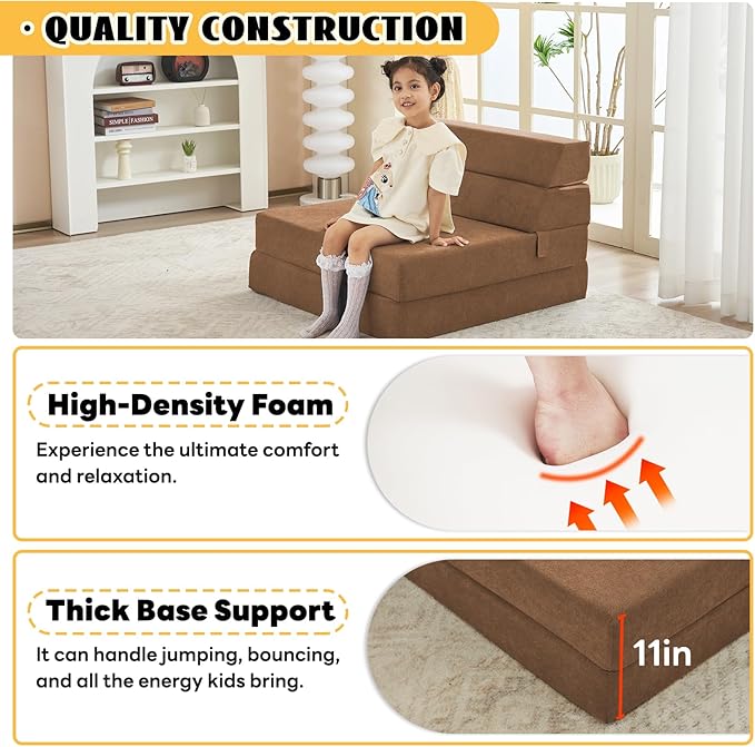jela Foldable Sofa Bed Large Soft Foam Convertible Sleeper Chair Luxury Miss Fabric Fold Out Chair Bed Floor Couch with Back Support Floor Sofa for Living Room Bedroom (83"x33",Coffee Brown) | breathable material