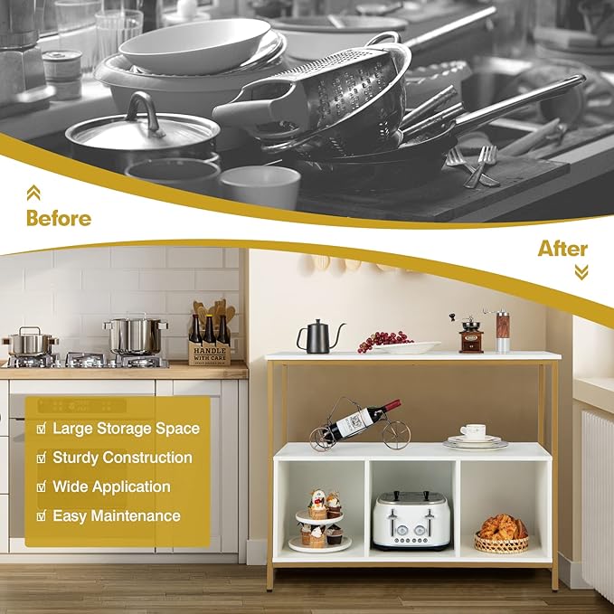 Giantex Buffet Sideboard, Wooden Cupboard, Kitchen Pantry w/Spacious Countertop, Large Open Shelf, 3 Cube Storage Cabinet, Sturdy Rustproof Steel Frame, Modern Stationary Island, White & Golden