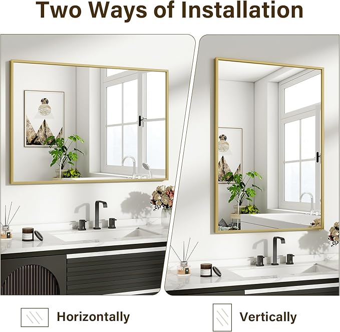 HARRITPURE 24"x36" Framed Bathroom Mirror for Wall Rectangle Mirror Aluminum Alloy Frame Wall-Mounted for Farmhouse Entryway Bedroom Living Room Gold
