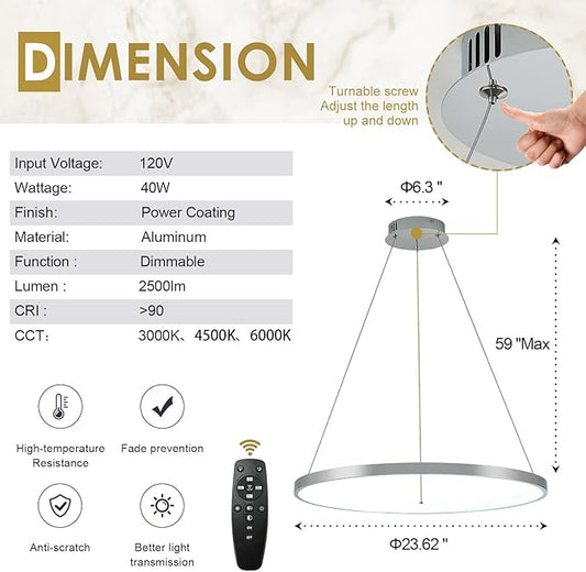 Chrome LED Ring Chandelier 24" Remote Control Dimmable Flush Mount Pendant Chandelier for Dinning Room Office Kitchen Living Room,3000-6500K