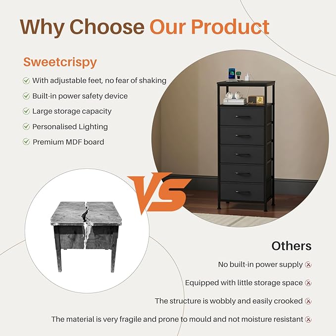 Sweetcrispy Nightstand with Charging Station, Bedside End Table with 5 Fabric Drawers & USB/Type-C Ports and Outlets, Night Stand for Bedroom Furniture, Adjustable Feet and Variable Light Strip, Black