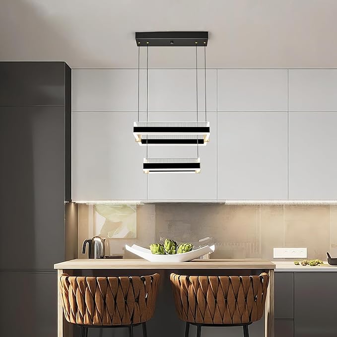 Modern LED Chandelier with Remote Control 2 Ring Dimmable 3 Color Black Gold Adjustable Pendant Light Square Chandelier Dining Light Fixture for Kitchen Bedroom Ceiling Hanging