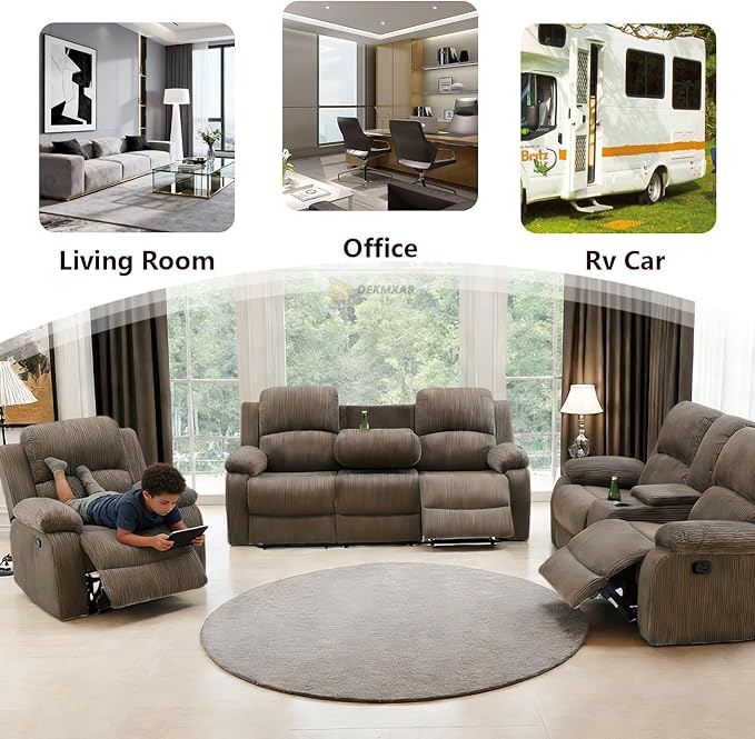 Peanut Brown Corduroy Manual Reclining Sofa Set with Recliner Seats, Living Room Furniture Sets, 3PCS Recliner Sofa with Drop-down Table, Cup Holders and Storage Console for Living Room,Office