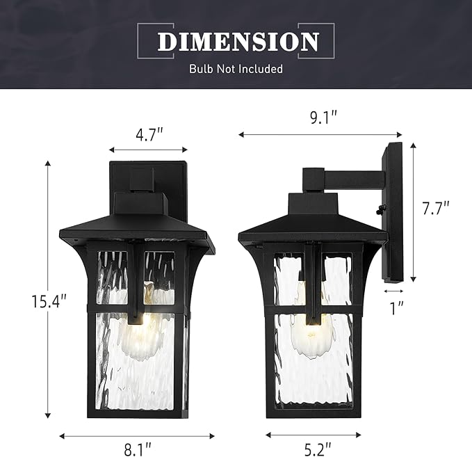 zeyu 15.4 Inch Outdoor Wall Lighting Fixtures, Exterior Black Light Fixture for Patio Garage, Die-Cast Aluminum with Water Ripple Glass, Black Finish, ZX1B-SW BK