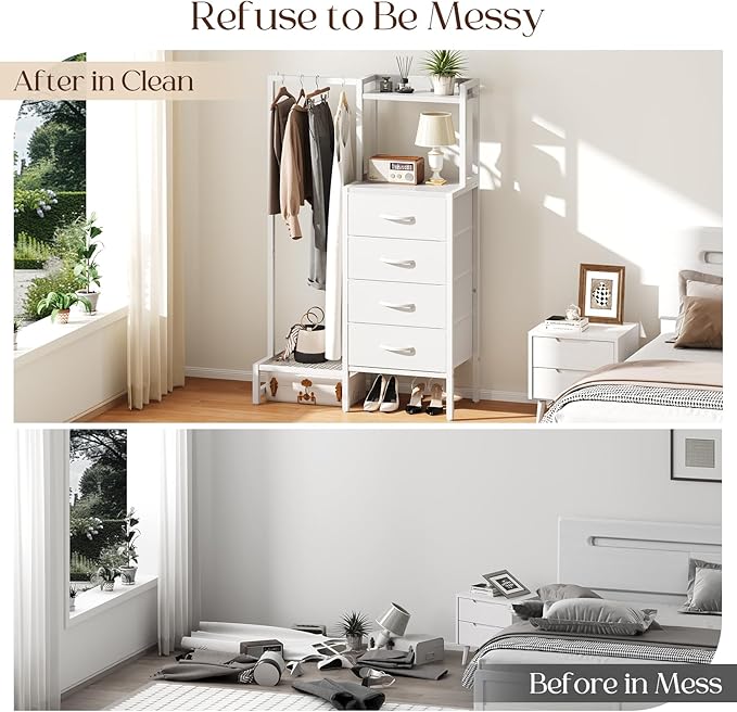 Yoobure White Dresser with Hanging Rack - Small Dresser for Bedroom with 4 Drawers, 44'H Chest of Drawers, Reversible Kids Dressers with Storage Shelf, Closet Dressers with Clothes Rack, Sturdy Frame