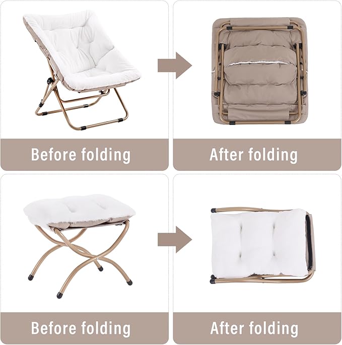 Comfy Folded Chair with Ottoman, Oversized Folding Faux Fur Chair Soft Furry Lazy Chair with Metal Frame Moon Chair Accent Chair for Bedroom, Living Room, Dorm Rooms
