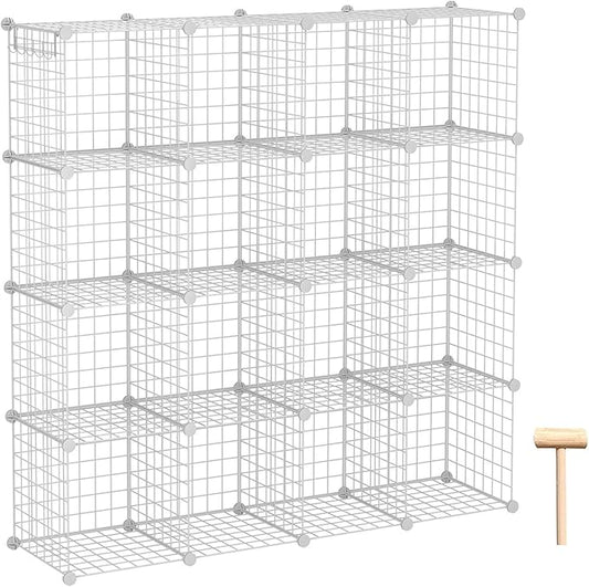 C&AHOME Wire Cube Storage, 16-Cube Organizer Metal Grids Storage, Storage Bins Shelving, Modular Bookshelf Shelves, DIY Closet Cabinet Ideal for Bedroom, Office 48.4”L x 12.4”W x 48.4”H White