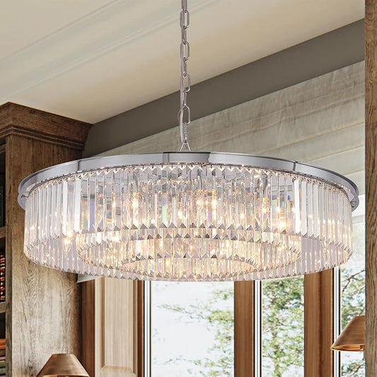 Large Crystal Chandelier Modern Luxury Pendant Ceiling Lights Fixture for Dining Living Room 12-Lights 3-Tier Raindrop Chandeliers Lighting (Chrome, Dia 31 Inch)