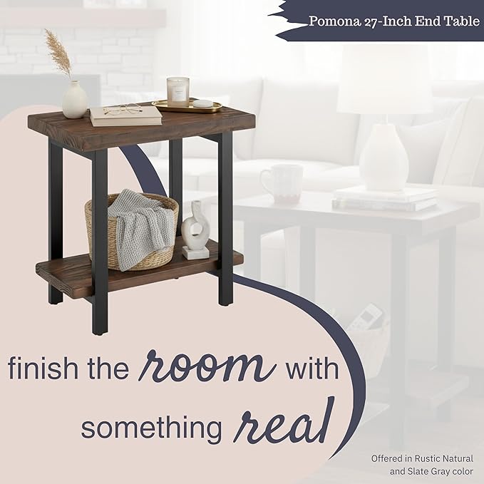 Alaterre Furniture Pomona Living Room Collection – 2-Tier Solid Wood End Table with Natural Finish and Metal Legs – Modern Farmhouse Accent or Home Décor (Rustic Brown)