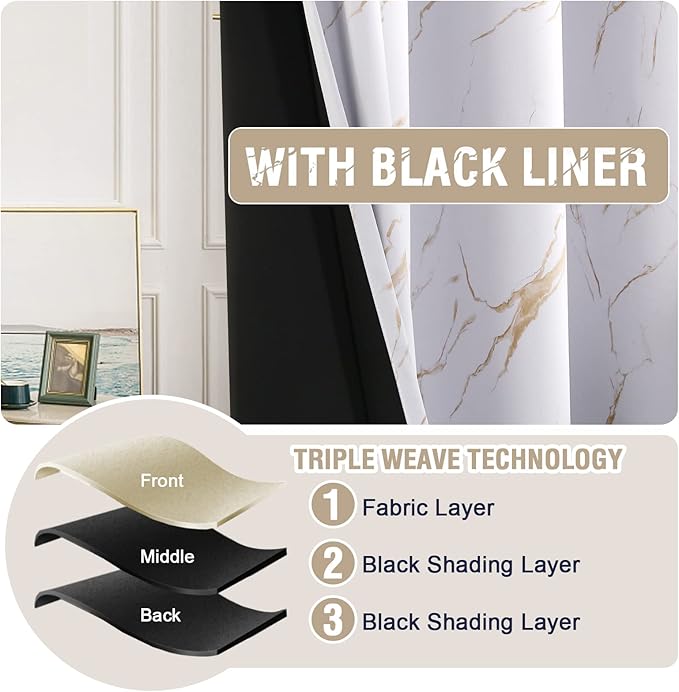 H.VERSAILTEX 100% Blackout Curtains 63 inch Length 2 Panels Set Marble Designs Printed Drapes Thermal Curtains for Bedroom with Black Liner Sound Proof Curtains, Gold