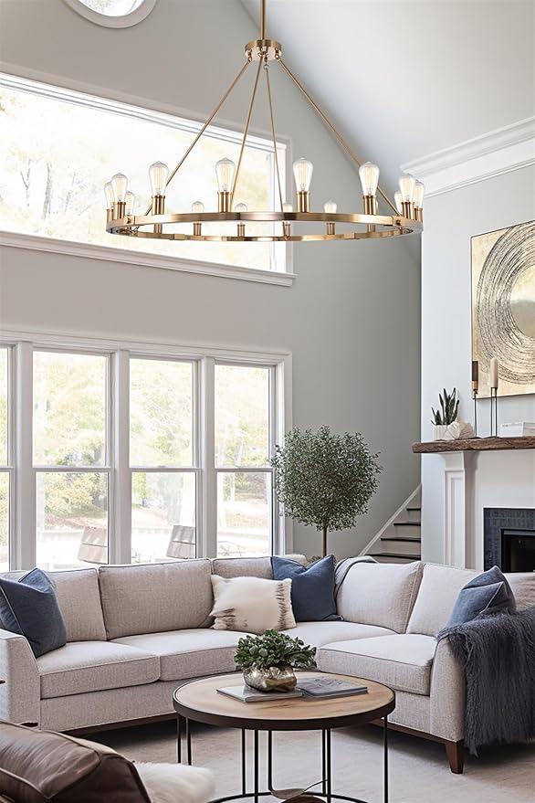 Kira Home Homestead 48" 16-Light Large Rustic Farmhouse Wagon Wheel Chandelier, Round Kitchen Island Light, Cool Brass Finish