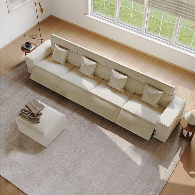145" Power Sofa,Modular Sectional Couches for Living Room,Modern Large Sofa with Recliners,Comfy Velvet Cloud Couch with Deep Seat with 1 Ottoman,Pet Friendly,Free Combination for Home(Beige)