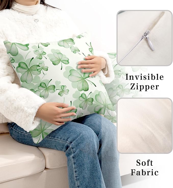 Spring Summer Green Flower Clover Pillow Cases St Patricks Pillow Covers 18x18 Set of 2 Lucky Charm Throw Pillow Covers St Patricks Home Decor for Couch Bed Sofa