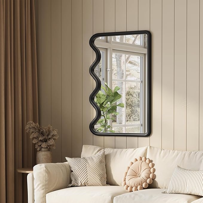ULIKE Wavy Mirror for Wall, Rustic Wood Mirror for Bathroom Vanity, 24x36 Wooden Wall Mirrors Decorative for Bedroom, Living Room, Entryway, Black