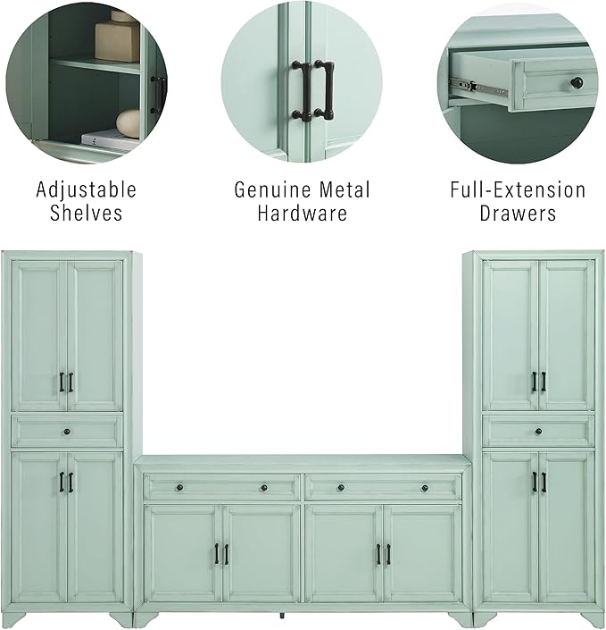 Crosley Furniture Tara 3-Piece Modern Farmhouse Sideboard Buffet Cabinet and Kitchen Storage Pantry Set, Distressed Seafoam Blue