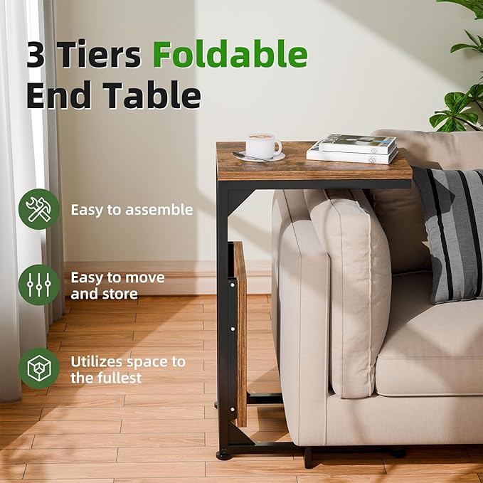 Simple Trending TV Tray Table, C Shaped End Table for Couch, Foldable Table with 2 Shelf Storage, for Sofa Bedside, Rustic Brown