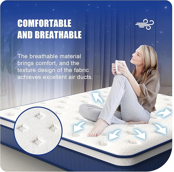 Full Size Mattress 75 * 54 * 12 Inches Soft and Breathable Cotton Ergonomic Design Individually Pocketed Reinforced Springs All Around Quiet Sleep Comfort and Durable