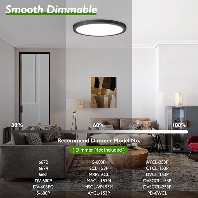 1Pack LED Flush Mount Ceiling Light Fixture, 15Inch 30W 4000Lm, Dimmable Modern Recessed Ceiling Lamp, 5000K Daylight White Round Low Profile Ceiling Light for Kitchen Closet Bedroom Hallway, Black