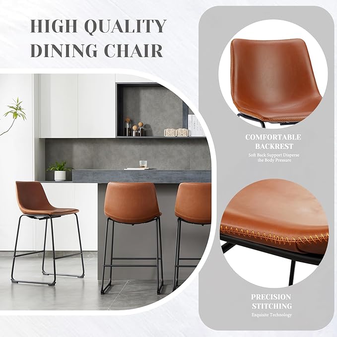 NEWBULIG 30 Inch Counter Height Bar Stools Set of 4, Armless Bar Height Stools, Faux Leather Barstools with Back, Kitchen Island Chairs, Comfortable Modern Chairs with Metal Legs, Classic Brown