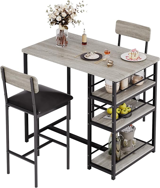 GAOMON 3-Piece Bar Table Set with 2 Upholstered Stools, Space-Saving Counter Height Dining Set with 3-Tier Storage Shelves,Sturdy Steel Frame, Easy Assembly for Small Kitchens, Retro Grey