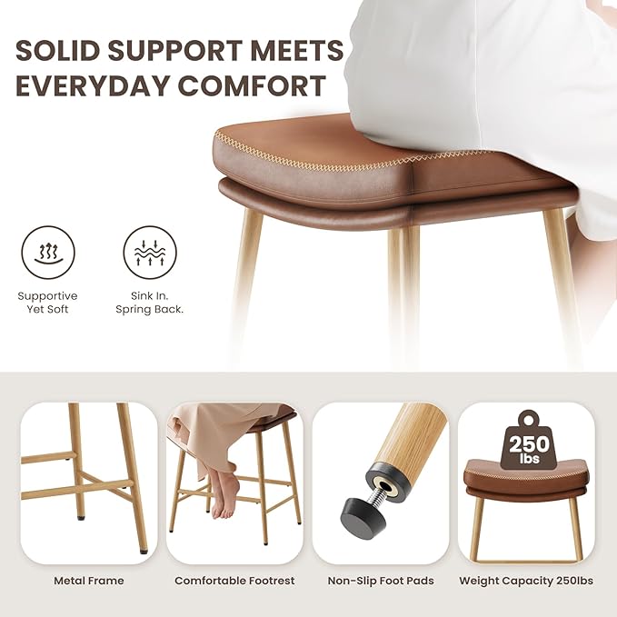 Bar Stools Set of 4, Counter Height Bar Stools with Thick PU Leather Saddle Seat & Sturdy Metal Frame Legs,Backless Bar Stools for Kitchen Island Dining Cafe,Brown