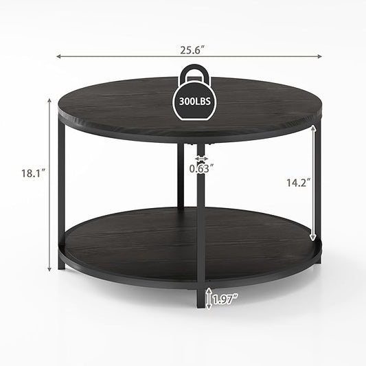 NSdirect Round Coffee Table, 25.6" Small Coffee Table for Living Room,2-Tier Rustic Wood Desktop with Storage Shelf Modern Design Home Furniture(Black)