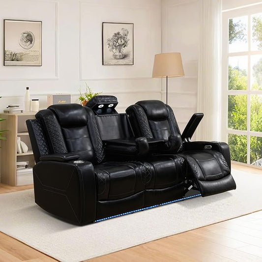 Air Leather Loveseat Power Recliner Sofa, 3 Seat Reclining Sofa with Drop Down Table,Reading Light, LED Lighting&USB Port (Black Upgared