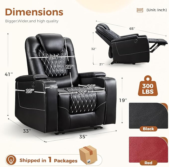 ANJ Power Recliner Chair with USB Ports and Cup Holders - Overstuffed Electric Home Theater Seating PU Leather Reclining Furniture with Hidden Arm Storage, Easy to Clean ，Black