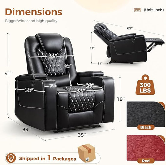 ANJ Power Recliner Chair with USB Ports and Cup Holders - Overstuffed Electric Home Theater Seating PU Leather Reclining Furniture with Hidden Arm Storage, Easy to Clean ，Black
