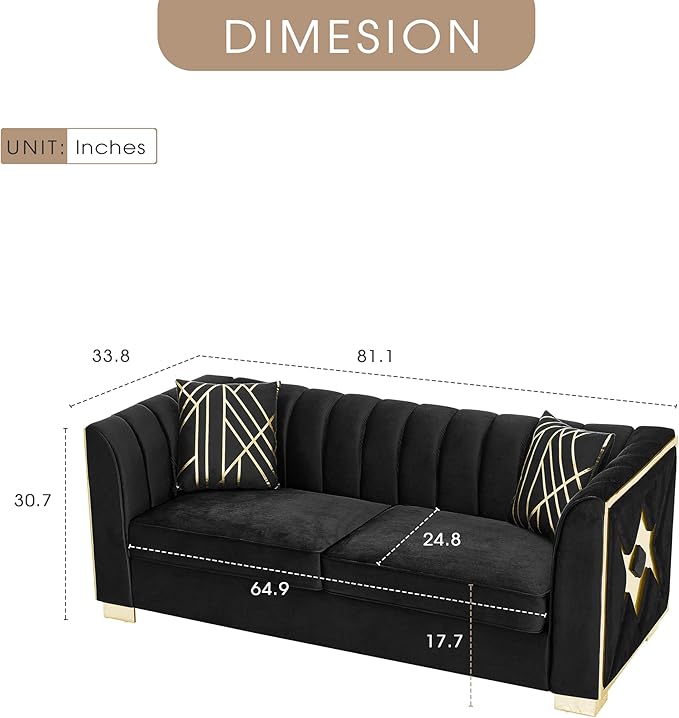 KEIKI 81" Luxury Oversized Velvet Chesterfield Sofa with 2 Pillow & Gold Stainless Decoration, Mid-Century Style 3-Seater Button Tufted Couch with Square Arms, Easy Assembly, for Living Room, Black