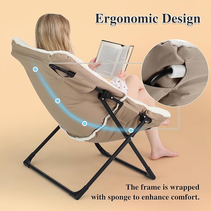 Comfy Saucer Chair for Adults, Soft Faux Fur Bedroom Chair, Accent Dorm Chairs, Flexible Living Room Reading Chairs, Oversized Folding Seat for Teens, X-Large, White