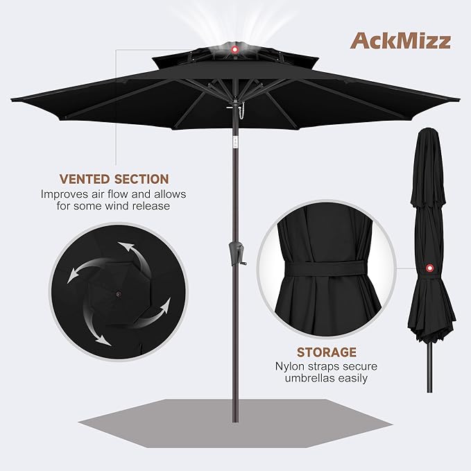 9ft Outdoor Patio Umbrella - 2-Tier Table Umbrella Waterprool UV Protection, Sombrillas de Patio with Push Button Tilt, Sun Umbrella for Pool, Porch, Garden, Backyard (Black)