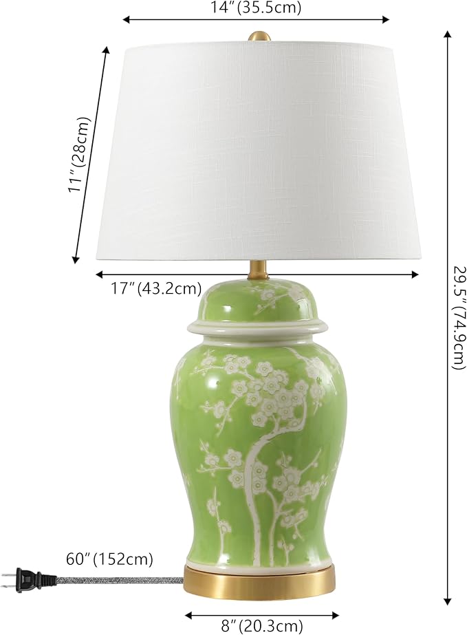 JONATHAN Y 29.5" Green/White Traditional Ceramic Ginger Jar Table Lamp for Living Room, Chinoiserie Asian Bedside Lamp with White Linen Shade and LED Bulb Included (JYL3047B)