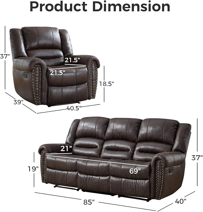 EBELLO Manual Recliner Sofa Set, Faux Leather Reclining Living Room Set, Included Two Single Recliner Chairs and One 3-seat Manual Sofa, Vintage Rivet Mid-Century Design for Living Room, Dark Brown